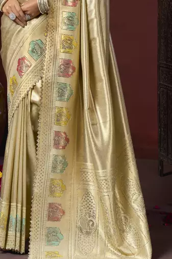 Cream silk blend embroidered silk blend Saree with blouse 