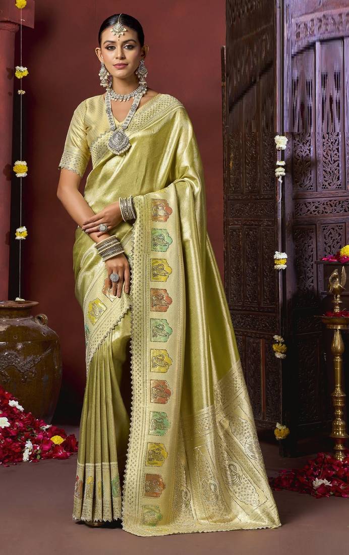 Pista green silk blend embroidered silk blend Saree with blouse 