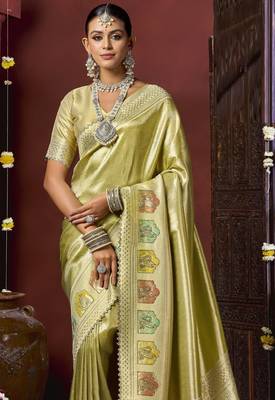 Pista green silk blend embroidered silk blend Saree with blouse  2