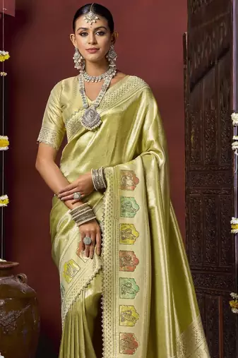 Pista green silk blend embroidered silk blend Saree with blouse 