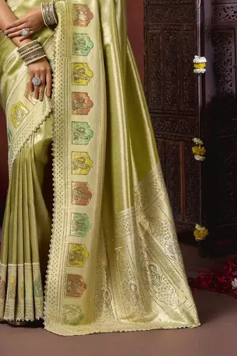 Pista green silk blend embroidered silk blend Saree with blouse 