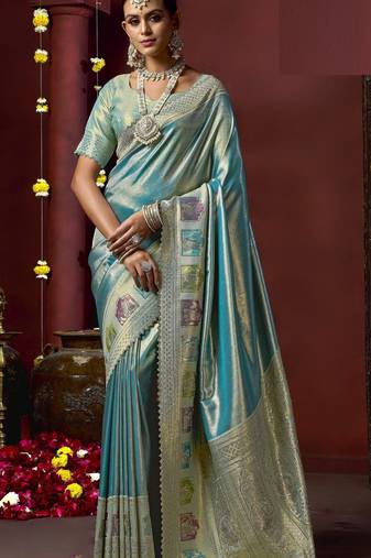 Sky blue silk blend embroidered silk blend Saree with blouse 