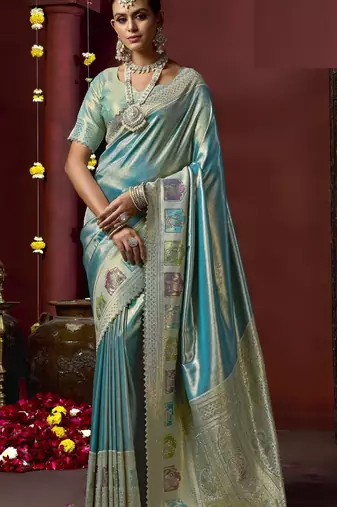 Sky blue silk blend embroidered silk blend Saree with blouse 