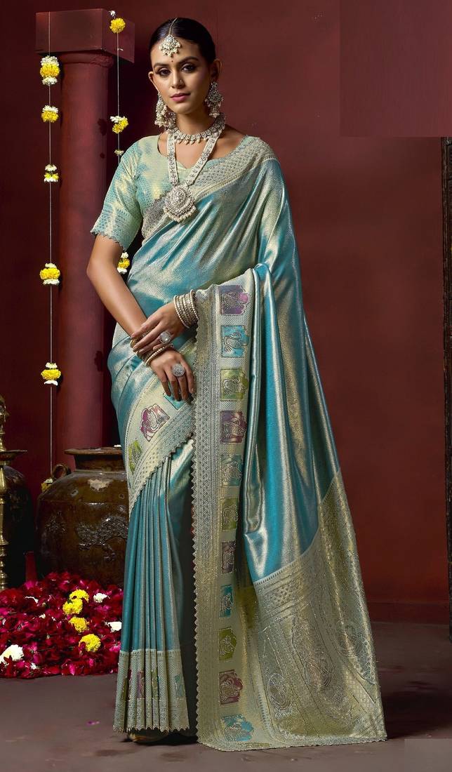 Sky blue silk blend embroidered silk blend Saree with blouse 