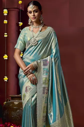 Sky blue silk blend embroidered silk blend Saree with blouse 