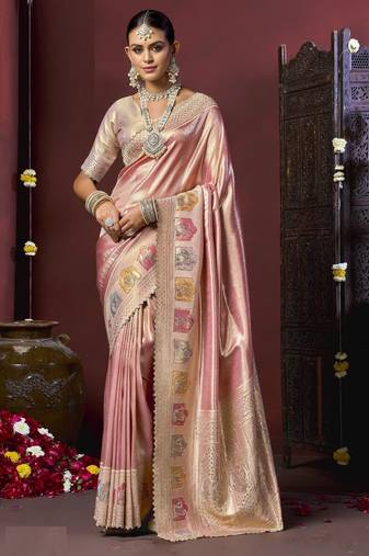 Peach silk blend embroidered silk blend Saree with blouse 