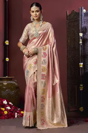 Peach silk blend embroidered silk blend Saree with blouse 