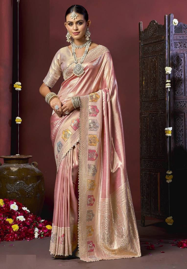 Peach silk blend embroidered silk blend Saree with blouse 