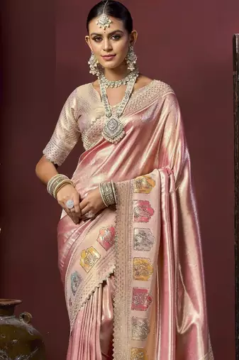 Peach silk blend embroidered silk blend Saree with blouse 