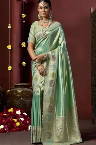 Green silk blend embroidered silk blend Saree with blouse 
