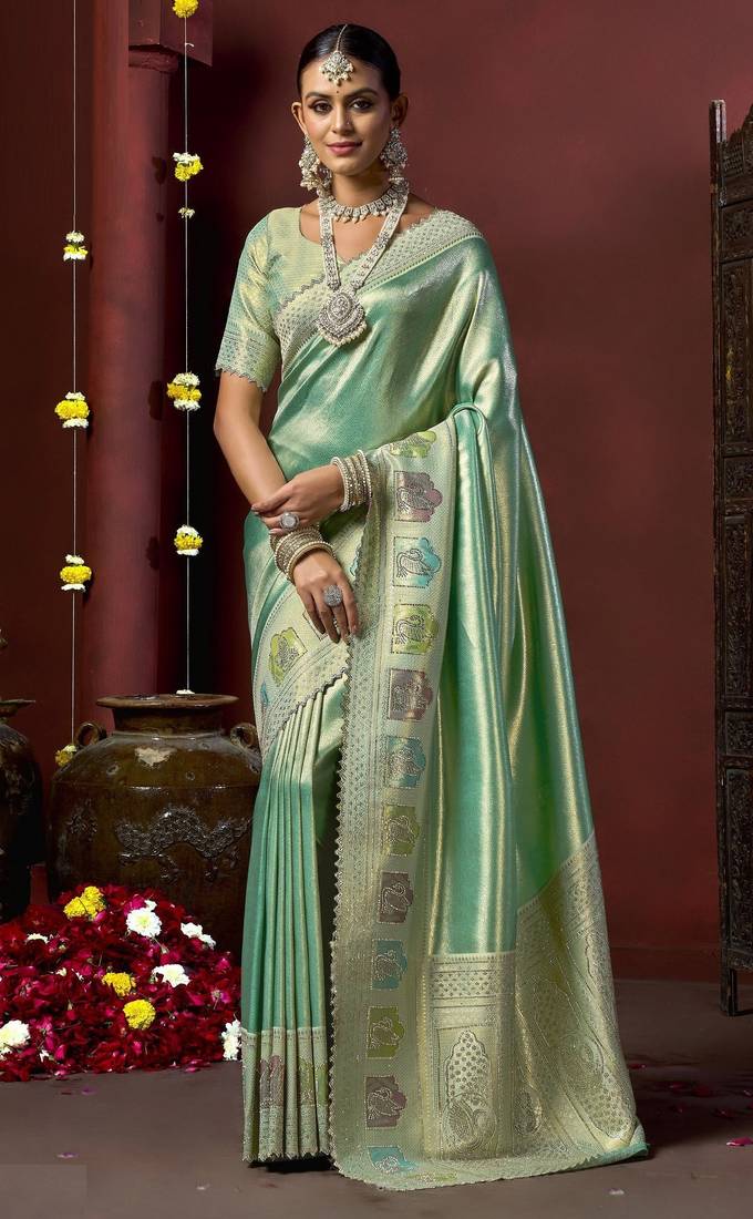 Green silk blend embroidered silk blend Saree with blouse 