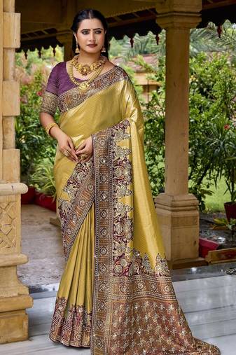 Gold purple silk blend embroidered party wear sarees