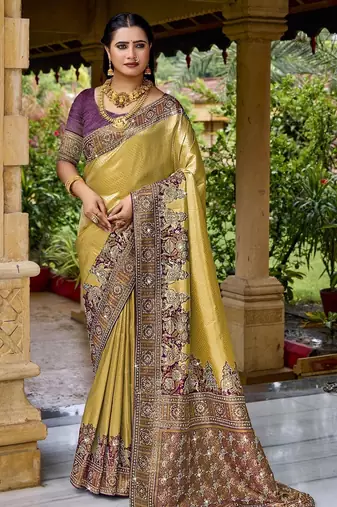 Gold purple silk blend embroidered party wear sarees