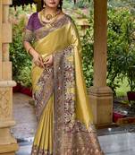 Gold purple silk blend embroidered party wear sarees