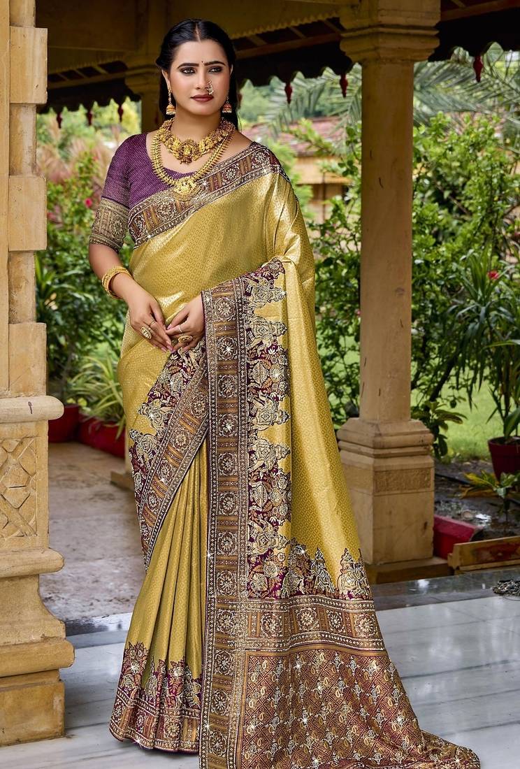 Gold purple silk blend embroidered party wear sarees