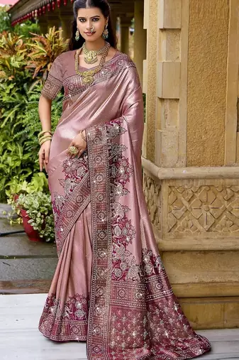 Pink silk blend embroidered party wear Saree with blouse 