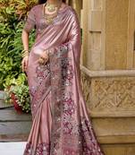 Pink silk blend embroidered party wear Saree with blouse 