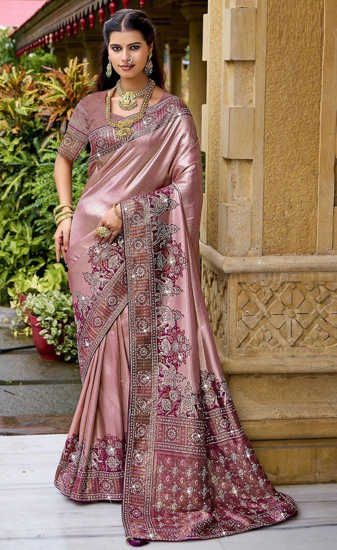 Pink silk blend embroidered party wear Saree with blouse 