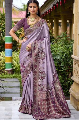 Lavender silk blend embroidered party wear Saree with blouse 