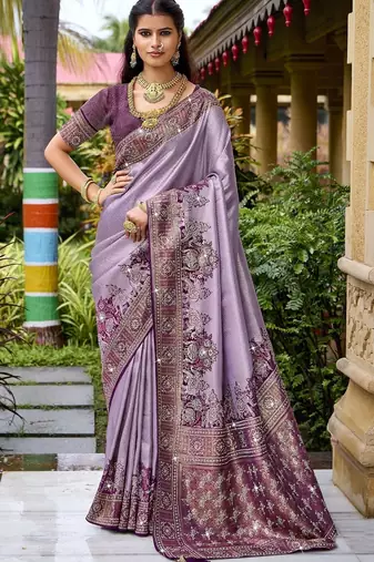 Lavender silk blend embroidered party wear Saree with blouse 
