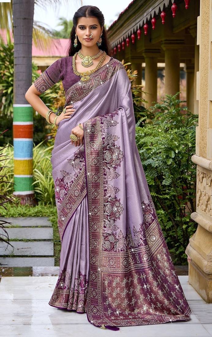 Lavender silk blend embroidered party wear Saree with blouse 
