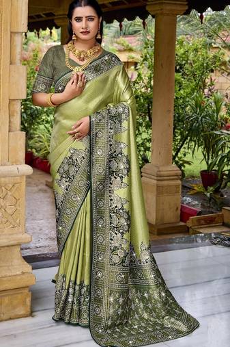 Pista green silk blend embroidered party wear Saree with blouse 
