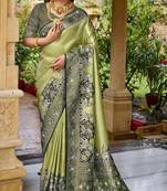 Pista green silk blend embroidered party wear Saree with blouse 