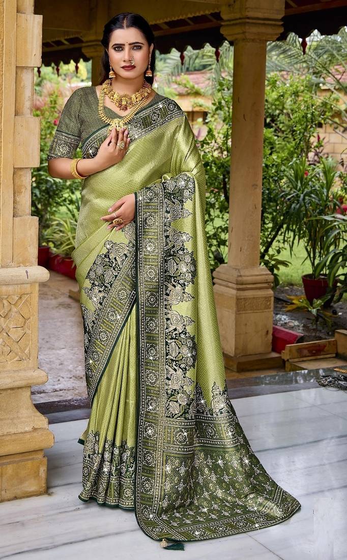 Pista green silk blend embroidered party wear Saree with blouse 