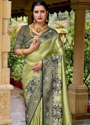 Pista green silk blend embroidered party wear Saree with blouse  2