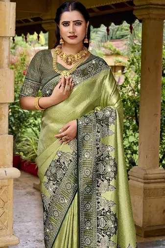 Pista green silk blend embroidered party wear Saree with blouse 