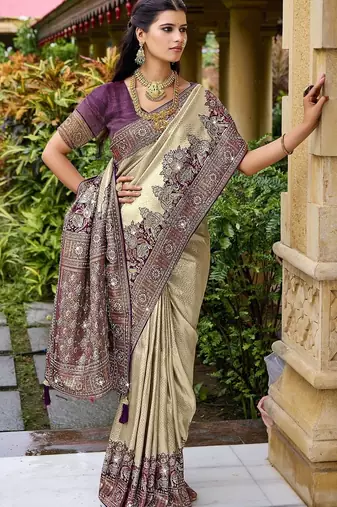 Cream purple silk blend embroidered party wear Saree with blouse 