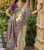 Cream purple silk blend embroidered party wear Saree with blouse 