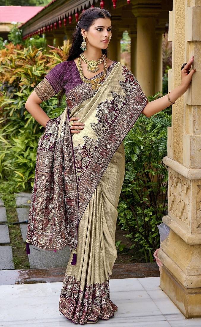 Cream purple silk blend embroidered party wear Saree with blouse 