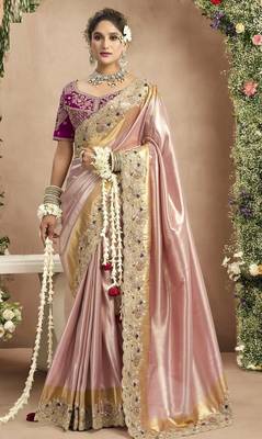 Light pink magenta silk blend embroidered wedding Saree with blouse  1