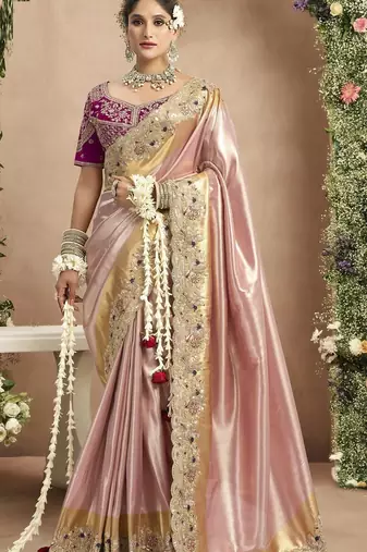 Light pink magenta silk blend embroidered wedding Saree with blouse 