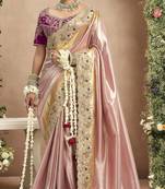 Light pink magenta silk blend embroidered wedding Saree with blouse 