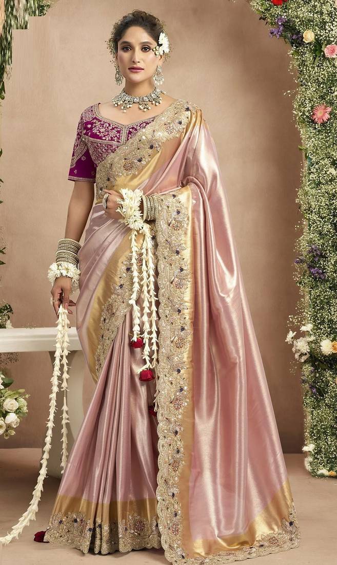 Light pink magenta silk blend embroidered wedding Saree with blouse 