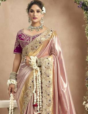 Light pink magenta silk blend embroidered wedding Saree with blouse  2