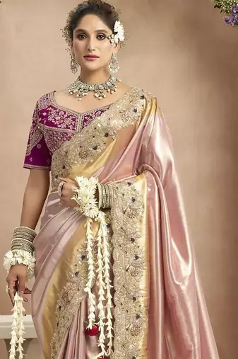 Light pink magenta silk blend embroidered wedding Saree with blouse 