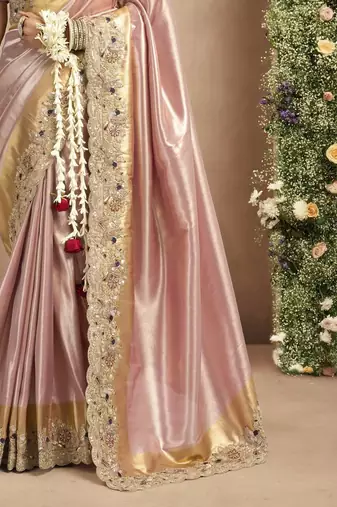 Light pink magenta silk blend embroidered wedding Saree with blouse 