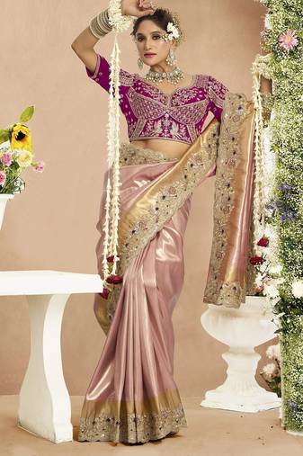Pink magenta silk blend embroidered wedding Saree with blouse 