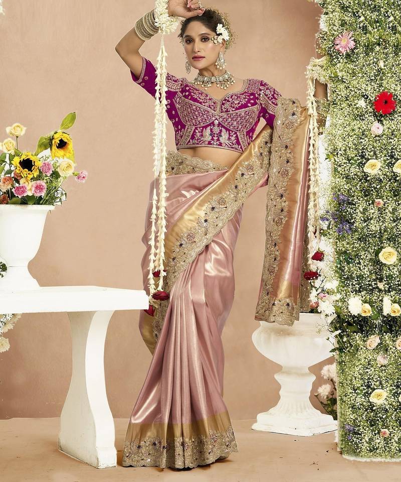 Pink magenta silk blend embroidered wedding Saree with blouse 