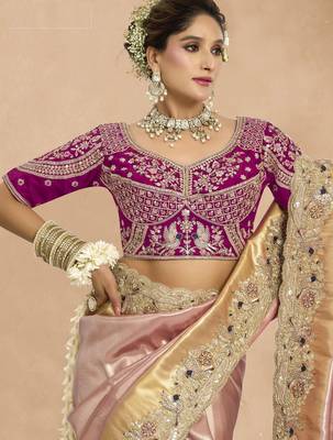 Pink magenta silk blend embroidered wedding Saree with blouse  2