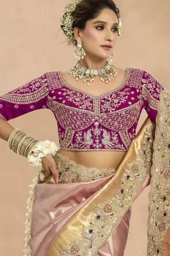 Pink magenta silk blend embroidered wedding Saree with blouse 