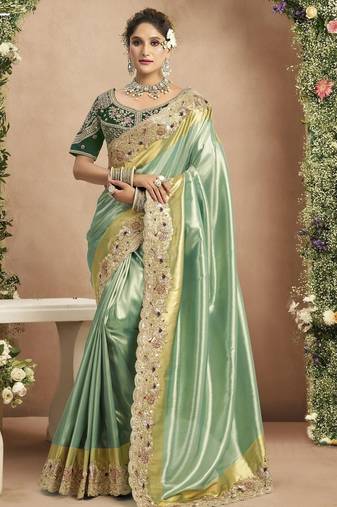 Pista green dark green silk blend embroidered wedding Saree with blouse 