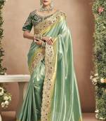 Pista green dark green silk blend embroidered wedding Saree with blouse 