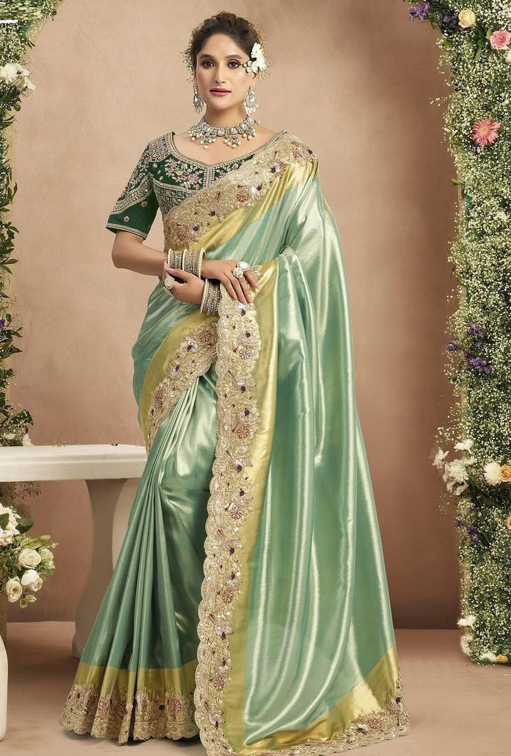 Pista green dark green silk blend embroidered wedding Saree with blouse 
