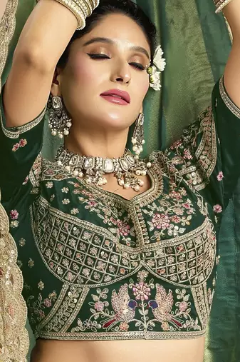 Pista green dark green silk blend embroidered wedding Saree with blouse 