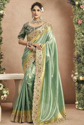 Pista green dark green silk blend embroidered wedding Saree with blouse  3