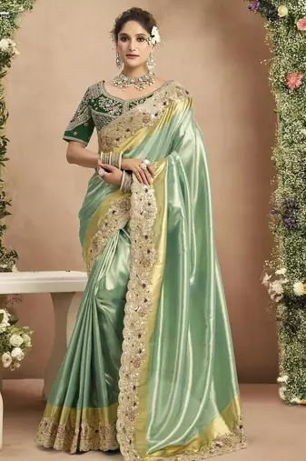 Pista green dark green silk blend embroidered wedding Saree with blouse 